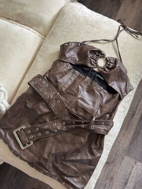 Fashion Nova Brown Faux-Leather Halter Dress